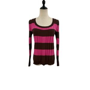 Vtg 90s Y2K Pout Ribbed Striped Knit Top Sz L Junior Brown Pink Stretch Punk Emo